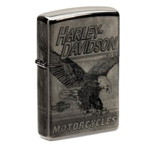 Feuerzeug Hochglanzschwarz mit einem Vintage-inspirierten Harley-Davidson®-Motiv versehen, erstellt mit dem Photo Image 360°-Verfahren.